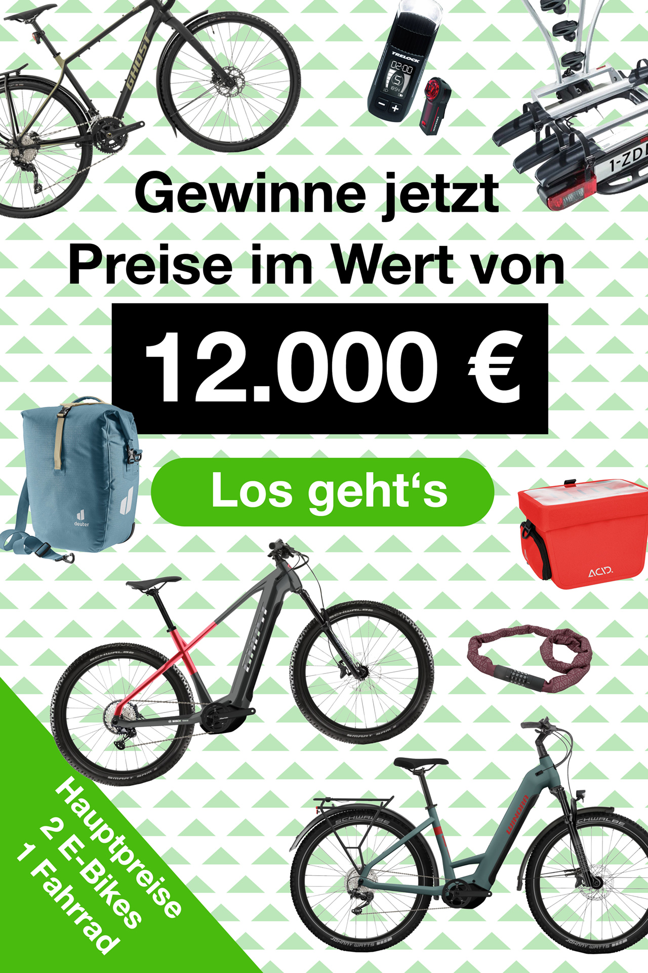 Gewinnspiel-Grafik mit Fahrrädern und Zubehör vor einem grün-weißen Muster. Text sagt: Gewinne jetzt Preise im Wert von 12.000 €. Hauptpreise sind 2 E-Bikes und 1 Fahrrad. Button mit Aufschrift ‚Los geht‘s‘ lädt zur Teilnahme ein.